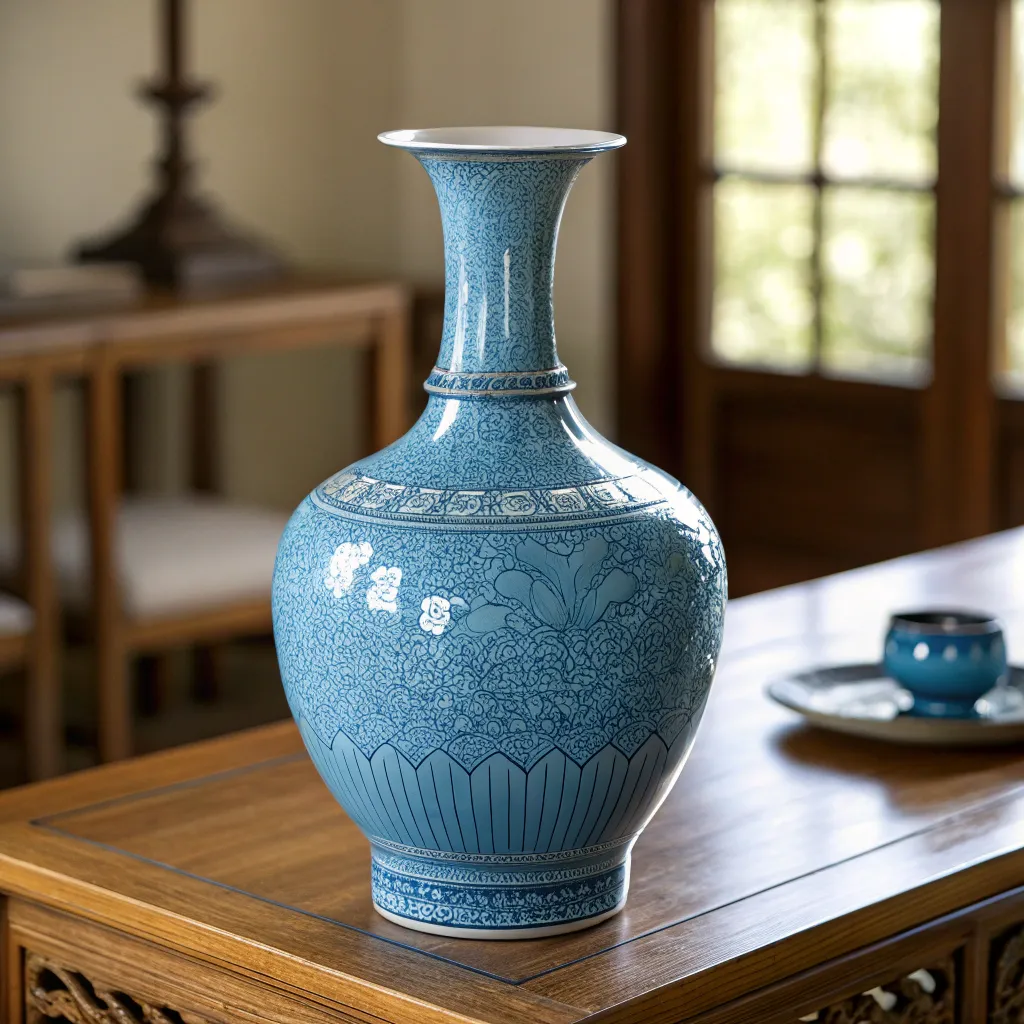 A finely crafted blue ceramic vase displayed on a wooden table